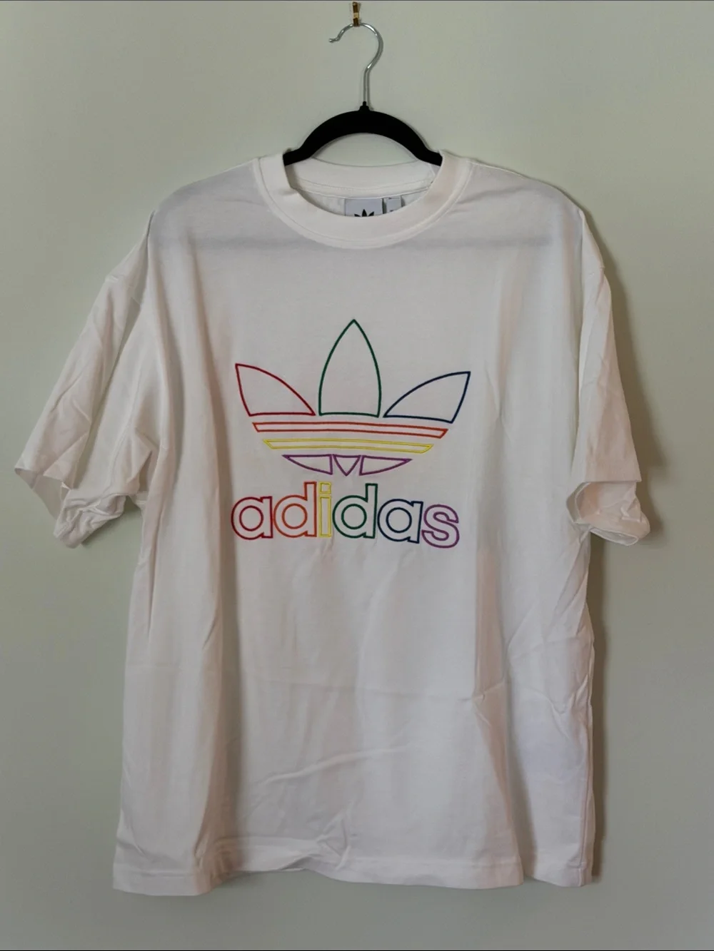 adidas White Tee with Rainbow Outline Trefoil